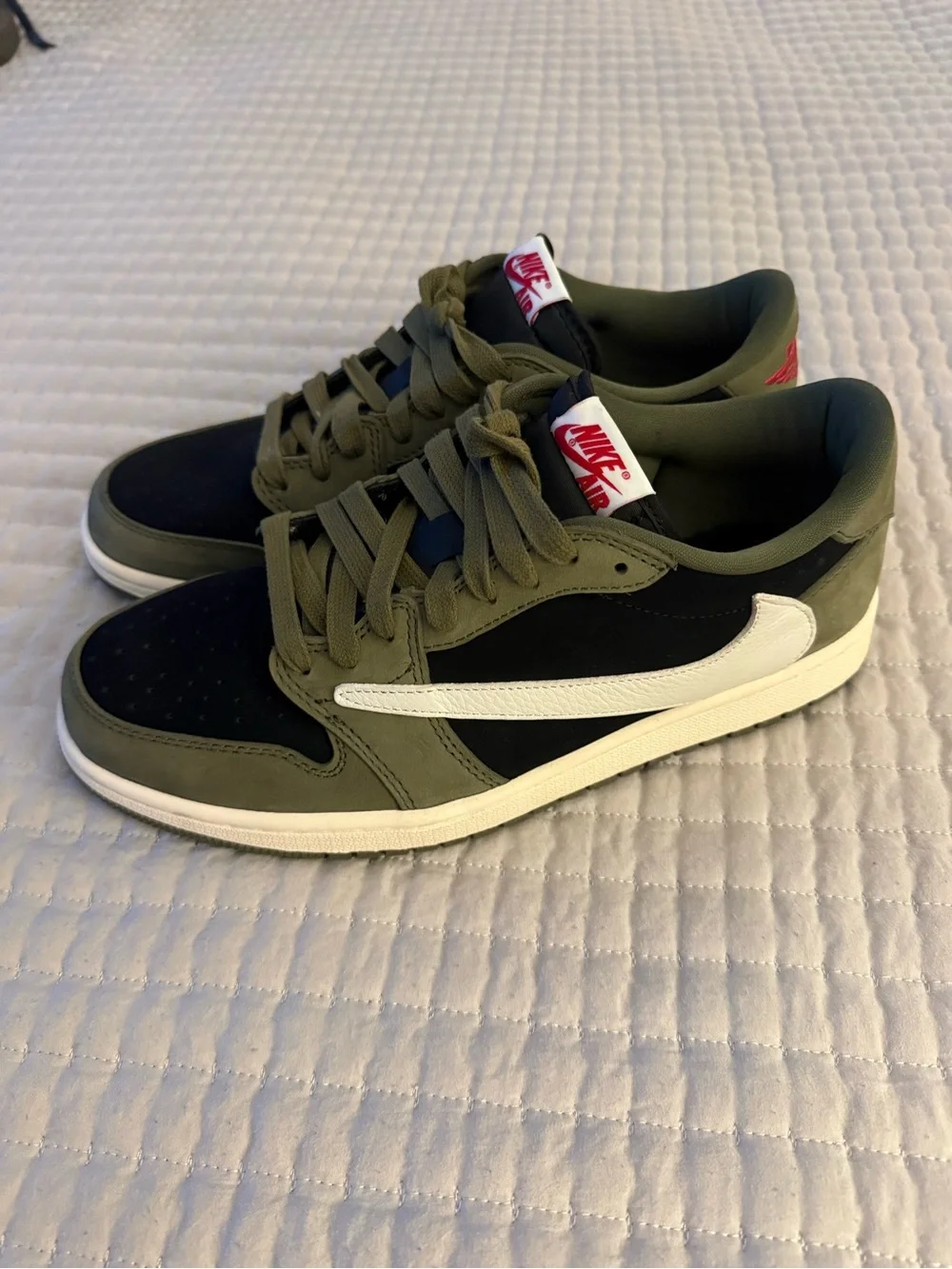 Nike Jordan’s 1 Travis Scott Men's Olive Green, Black and White Low-Top Sneakers
